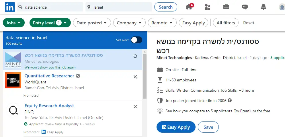 צילום מסך מתוך LINKEDIN - מעל 300 דרושים DATA SCIENTISTS ללא ניסיון קודם