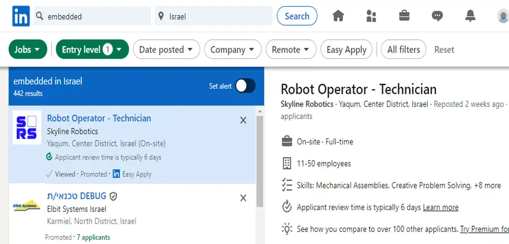 צילום מסך מתוך LINKEDIN - מעל 400 דרושים מפתחי EMBEDED ללא ניסיון