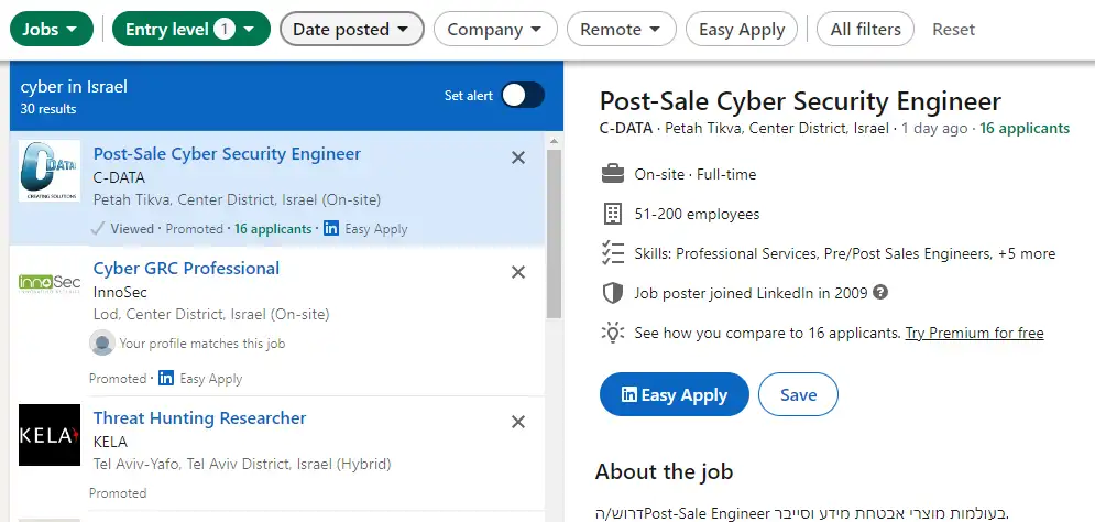 צילום מסך מתוך LINKEDIN - דרושים מיישמי סייבר ללא ניסיון קודם