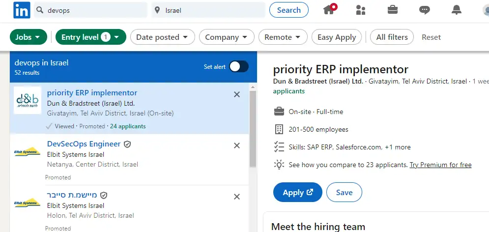 צילום מסך מתוך LINKEDIN - דרושים אנשי DEVOPS ללא ניסיון קודם